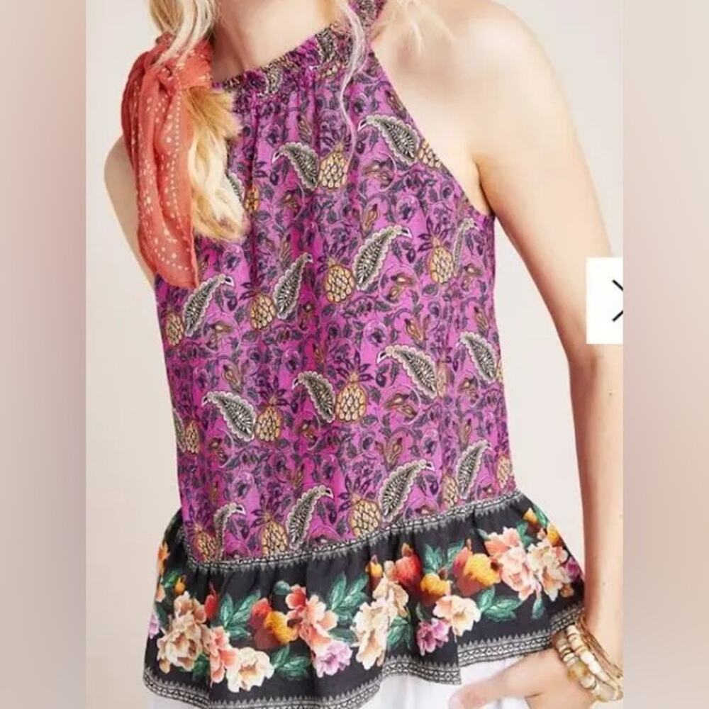 FARM Rio Purple Paisley Halter Floral Trim Tank